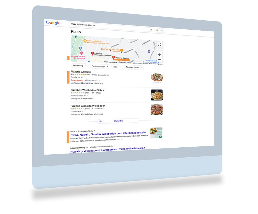 Gastronomie Pizza-Lieferant, hohe Sichtbarkeit durch SEO-Webdesign in Wiesbaden.